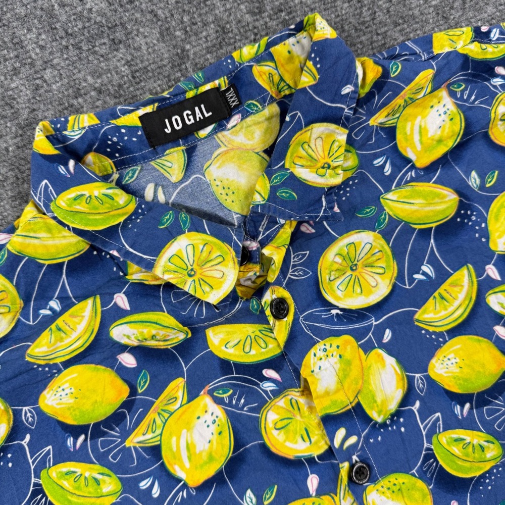 JOGAL Button Up Shirt XXXL Blue Lemon Print Short Sleeve Mens